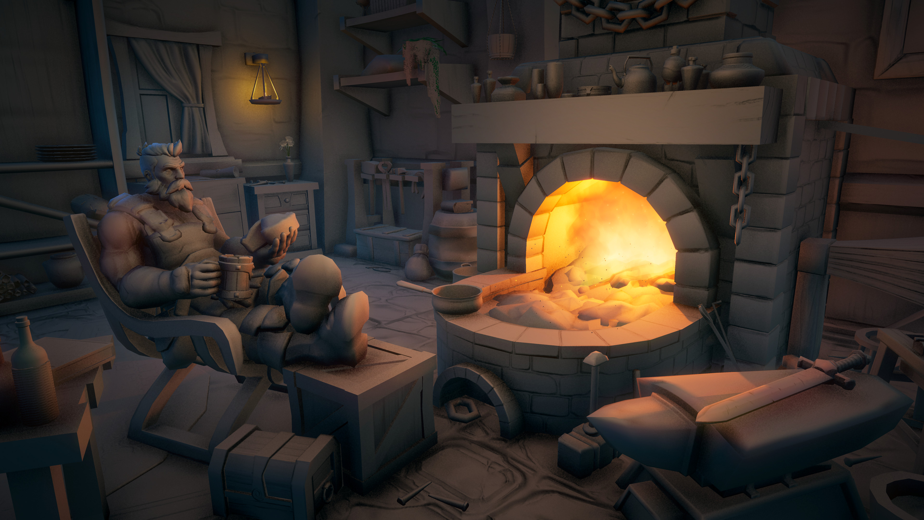 Blacksmith’s Lunchbreak, clay render